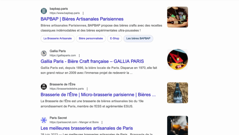 résultats de recherche des micro-brasseries sur Google pour 