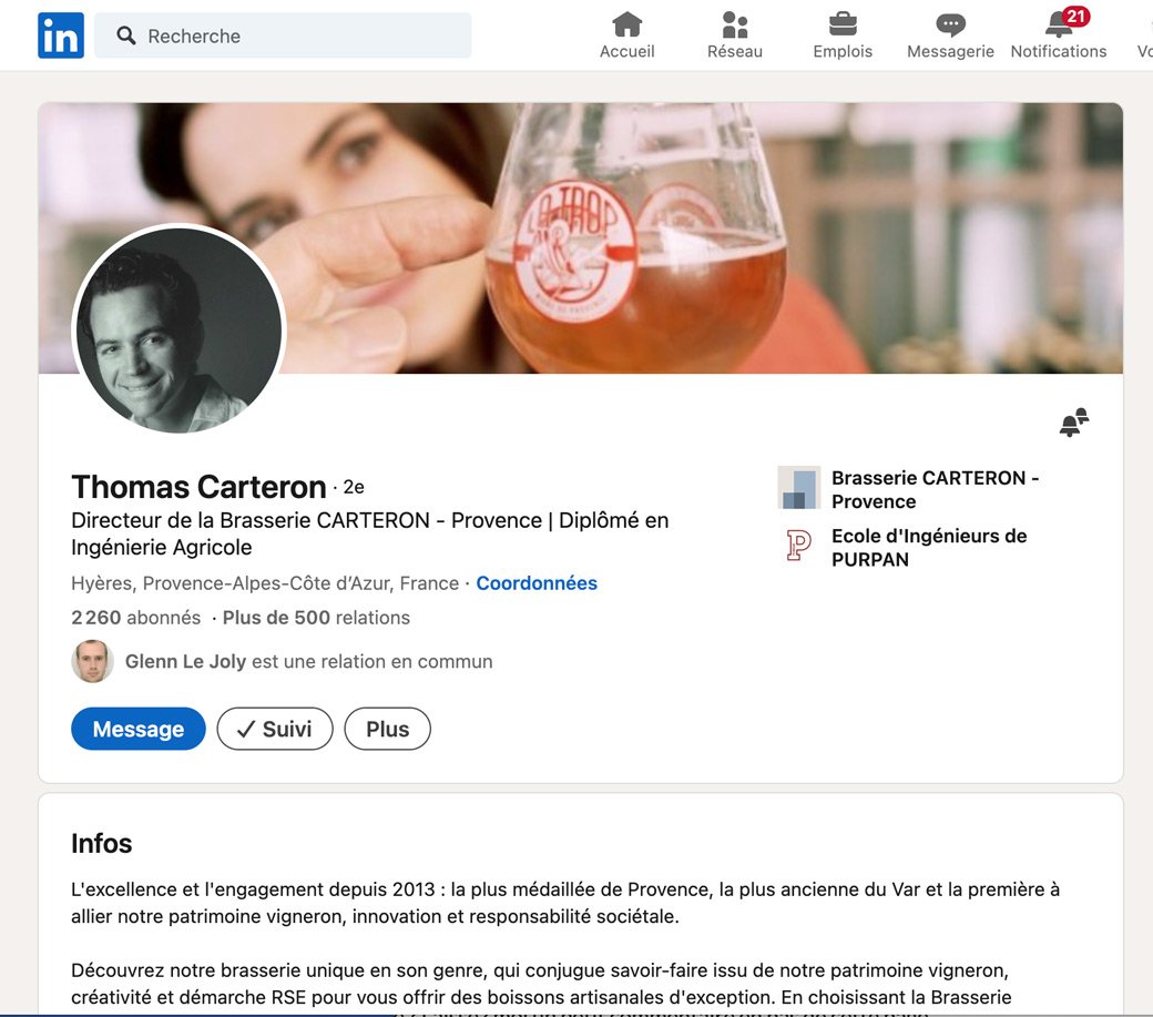 capture du compte Linkedin de Thomas Carteron patron de la Brasserie Carteron en Provence